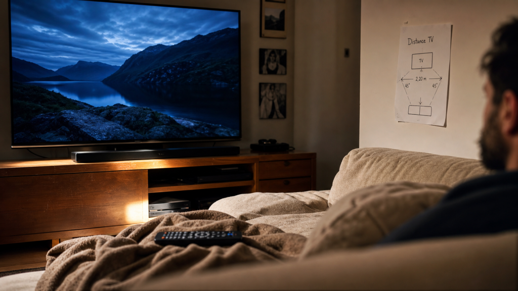 Quelle distance entre TV et canapé : règle 1,5, salon avec TV allumée