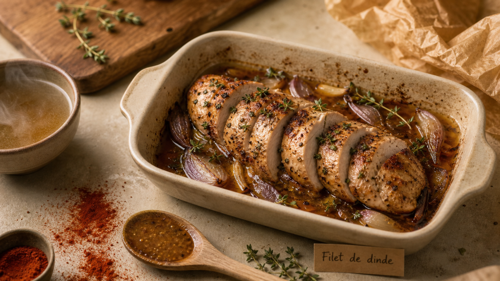 Recette filet de dinde au four moelleux : filet rôti, jus brun, bouillon fumant