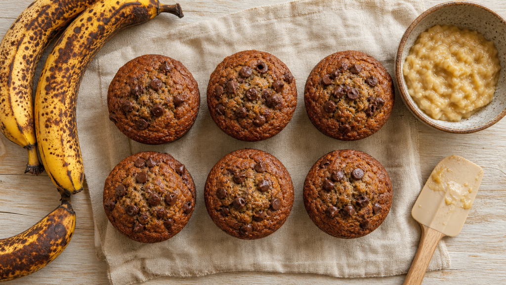 Recette muffin banane moelleux : muffins banane dorés aux pépites de chocolat