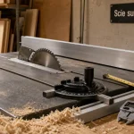 Scie sur table professionnelle ouverte sur établi : lame, guide et copeaux.