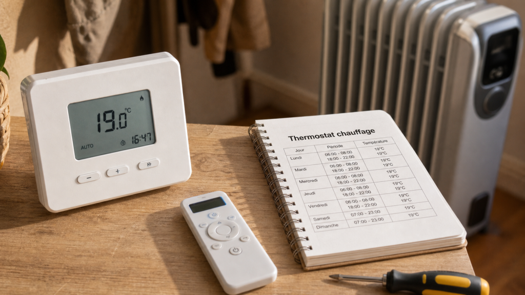 Thermostat chauffage électrique d’ambiance programmable sur table, vue entrée