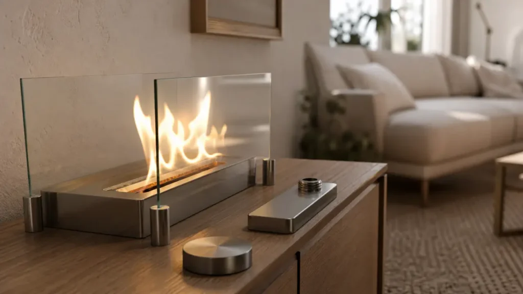 Cheminee a ethanol en salon moderne, flamme en vitres