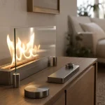 Cheminee a ethanol en salon moderne, flamme en vitres