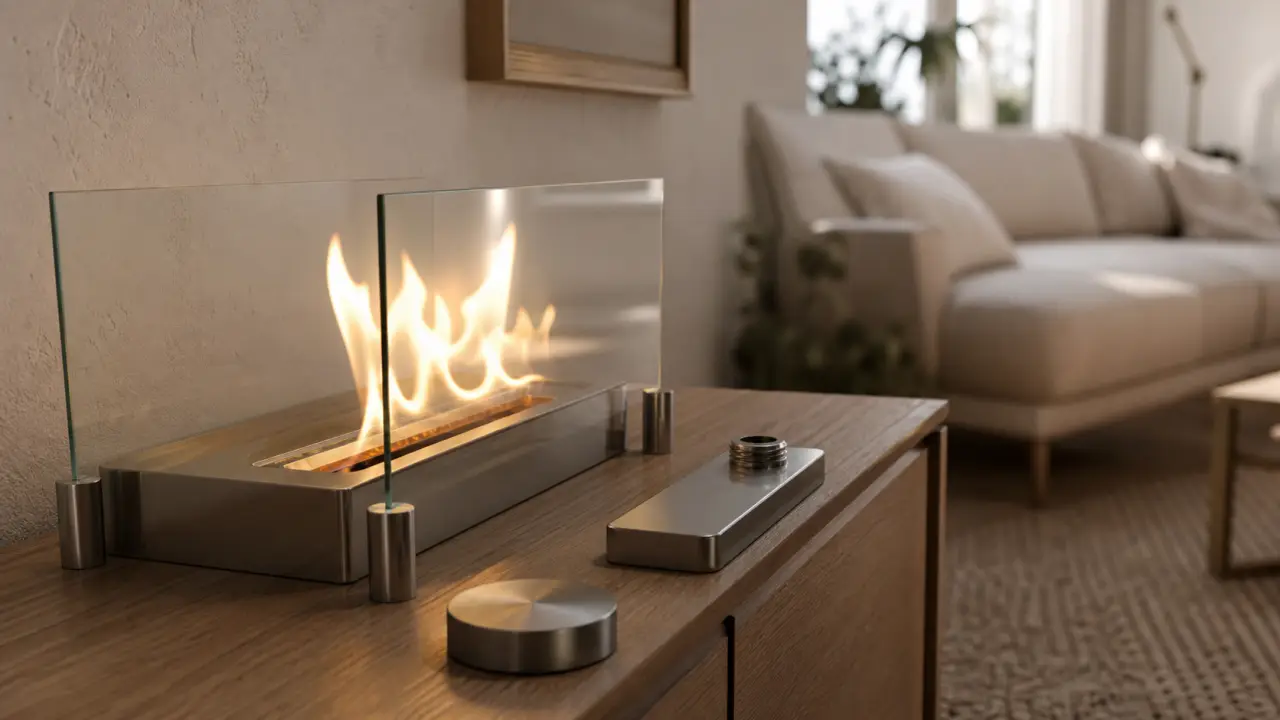 Cheminee a ethanol en salon moderne, flamme en vitres