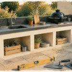 Cuisine d'été à faire soi meme en béton cellulaire DIY, abri et barbecue
