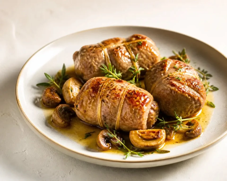 Paupiette de veau au four temps de cuisson : plat doré et moelleux servi avec jus de cuisson