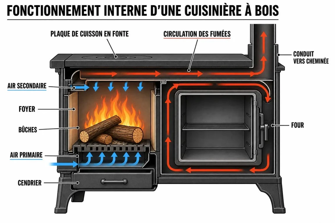 Schéma de fonctionnement d'une cuisinière à bois : foyer, air et plaque de cuisson