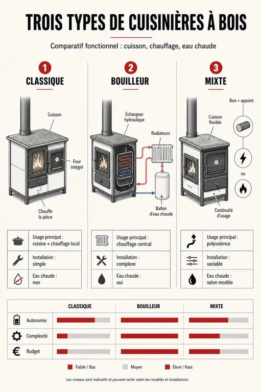 Comparatif des types de cuisinières à bois : classique, bouilleur et mixte pour bien choisir son modèle