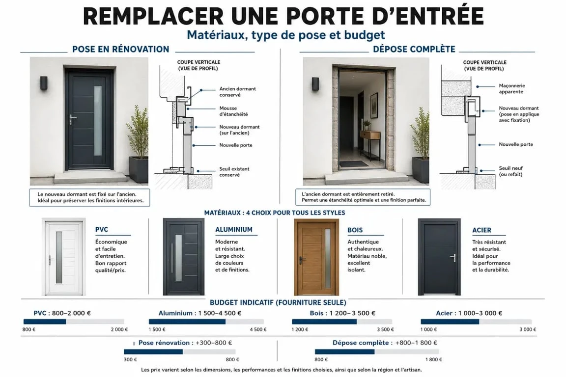 Changer porte d'entrée : comparaison visuelle des matériaux, de la pose et des coûts