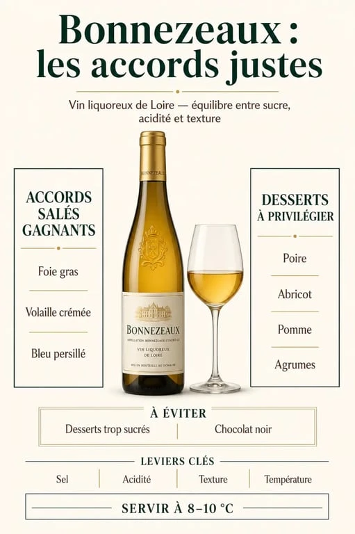 Bonnezeaux accord mets vins : infographie des meilleurs accords avec foie gras, fromages bleus et desserts aux fruits