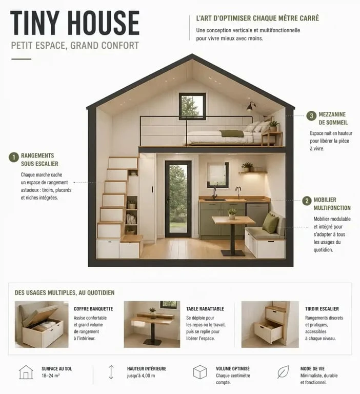 Infographie sur l'aménagement d'une tiny house : optimisation de l'espace et rangements