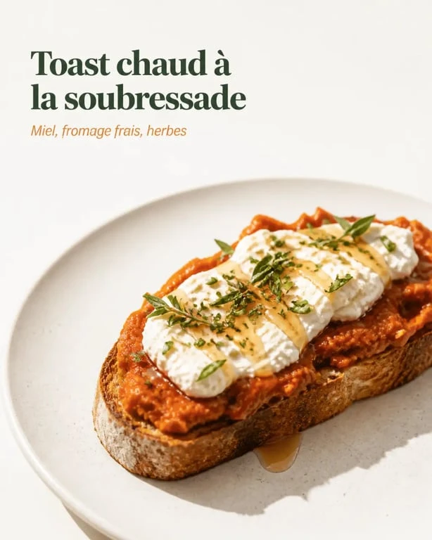 Recettes soubressade : toast chaud à la soubressade, fromage frais et miel