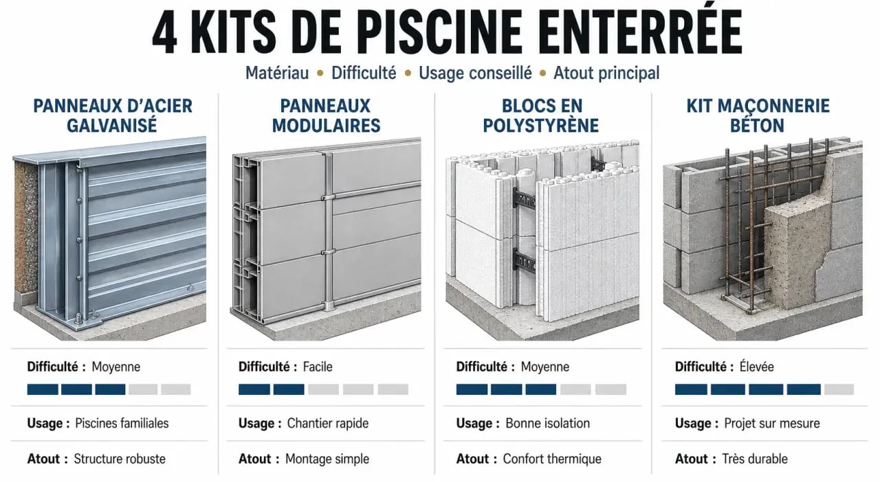 Comparatif du meilleur kit piscine enterrée selon le matériau, la difficulté et l’usage