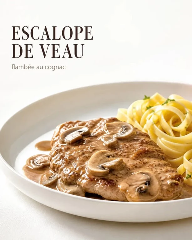 Escalope de veau flambée au cognac servie avec sauce crémeuse et champignons