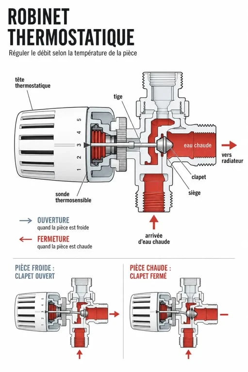 Robinet thermostatique radiateurs : schéma simplifié du mécanisme interne et du réglage de température