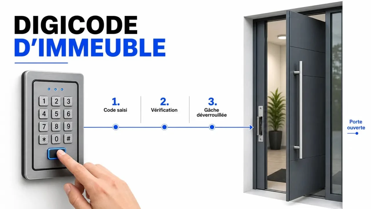 Digicode immeuble : schéma simplifié du fonctionnement à l’entrée d’un immeuble résidentiel