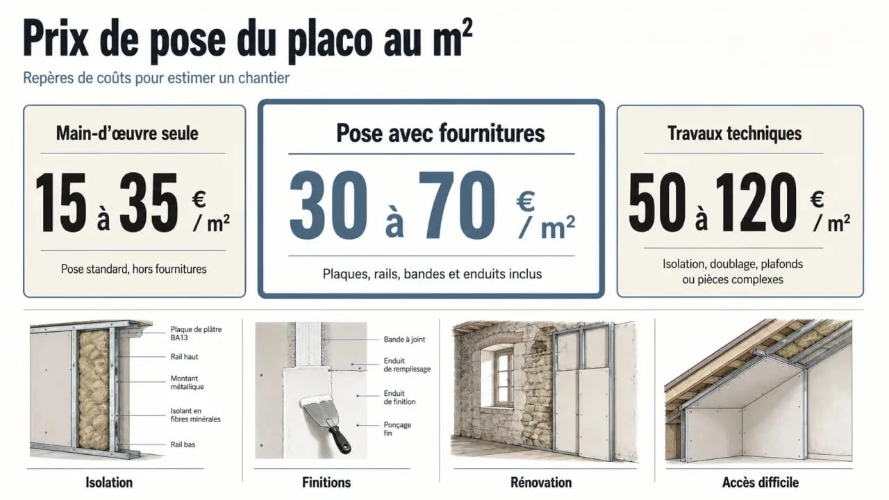 Prix pose placo m2 : visualisation des fourchettes de tarifs et des principaux facteurs de coût