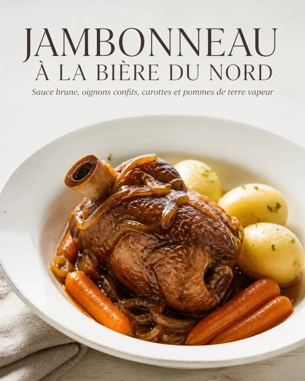 Jambonneau à la bière du Nord servi avec sauce brune brillante et pommes de terre vapeur