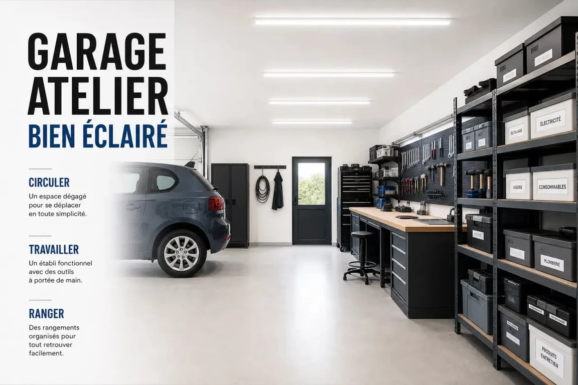 Garage éclairé par une réglette LED garage pour stationner et bricoler