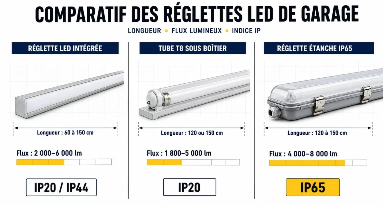 Réglettes LED garage comparées en formats intégrés, tube T8 et boîtier étanche