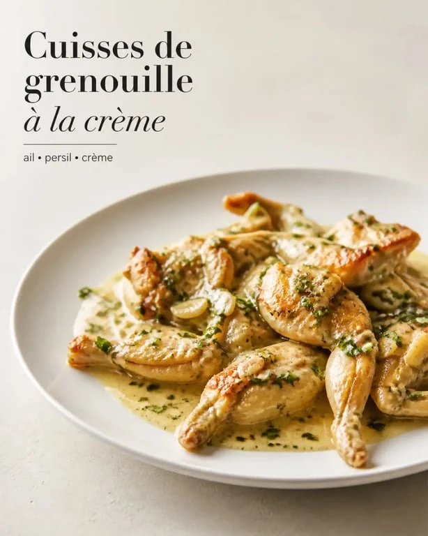 Recette cuisse de grenouille à la crème servie en assiette, sauce crémeuse à l’ail et au persil