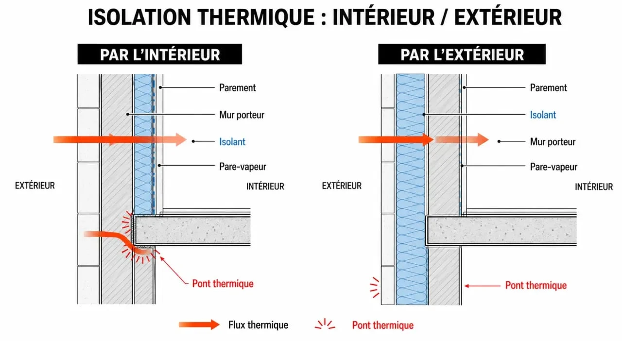 Mur isolant : schéma comparatif de l’isolation par l’intérieur et par l’extérieur
