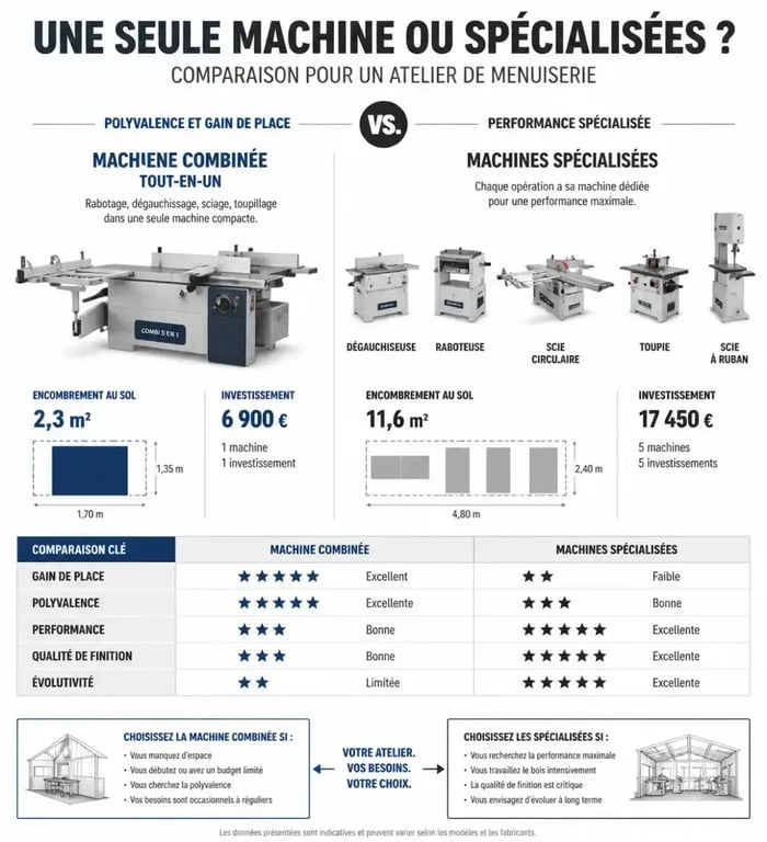 Comparaison entre combiné à bois et machines spécialisées pour atelier de menuiserie