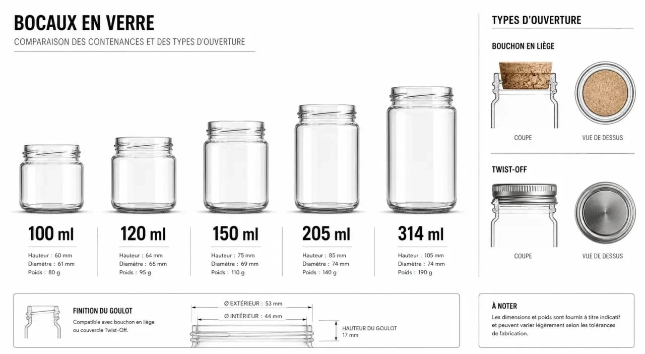 deco bocaux comparatif des formats 100 ml à 314 ml et des ouvertures liège ou Twist-Off