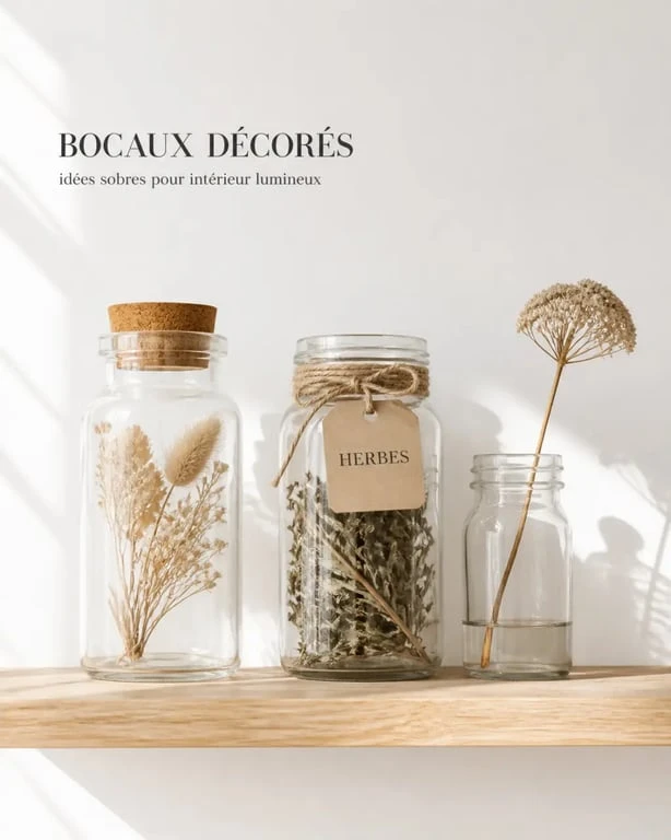 deco bocaux en verre décorés dans un intérieur bohème avec fleurs séchées et bouchon en liège