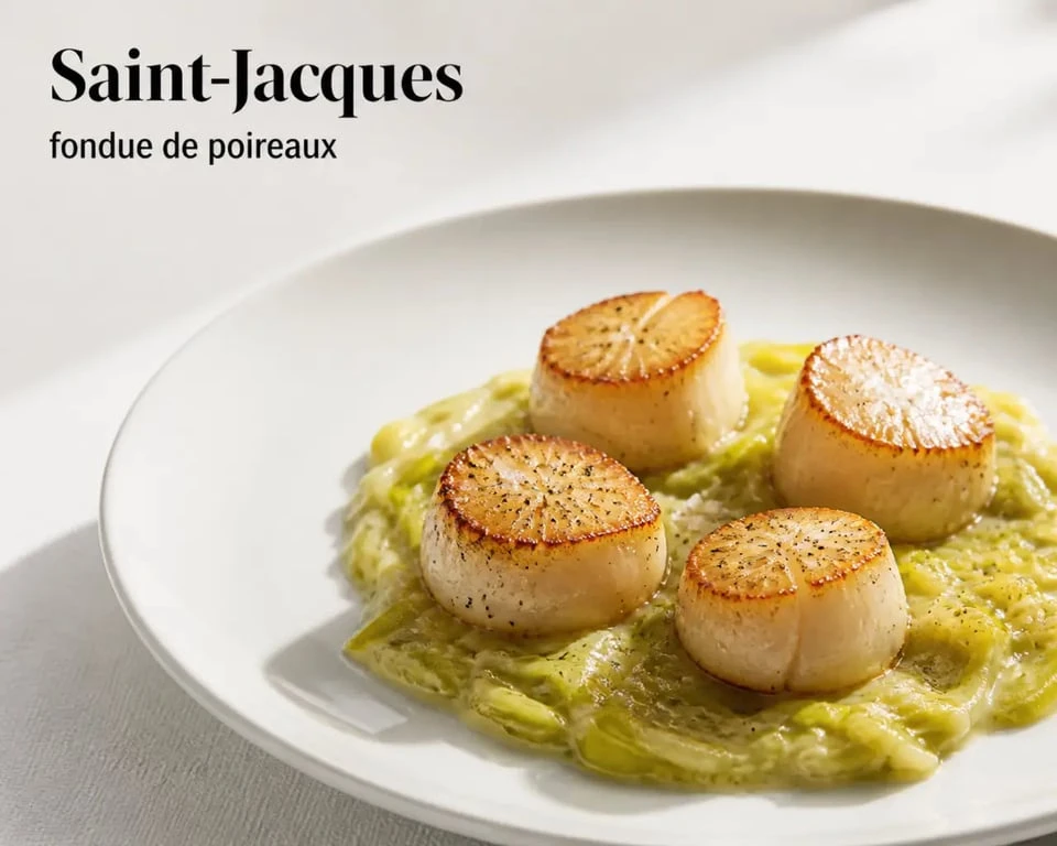 Noix de Saint-Jacques et fondue de poireaux dressées dans une assiette élégante