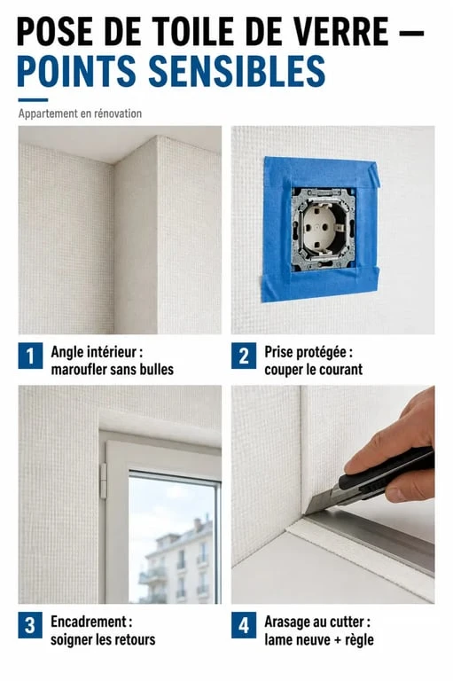 Pose toile de verre murale : détails des angles, prises et finitions