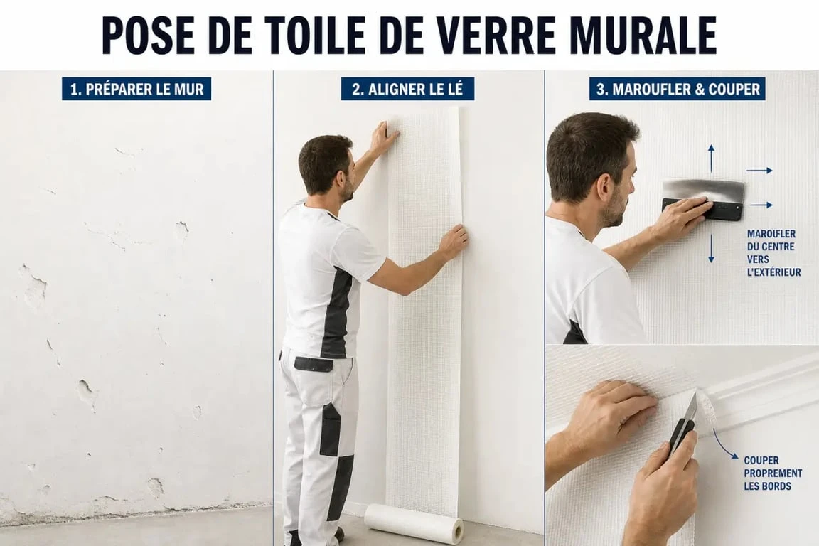 Pose toile de verre murale en cours sur un mur abîmé avec marouflage et découpe