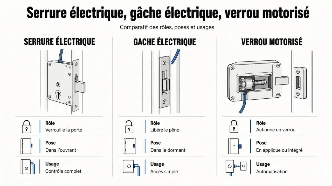 Comparatif entre serrure electrique, gâche électrique et verrou motorisé