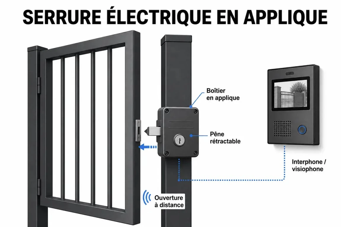Schéma d'une serrure electrique sur portillon avec ouverture à distance