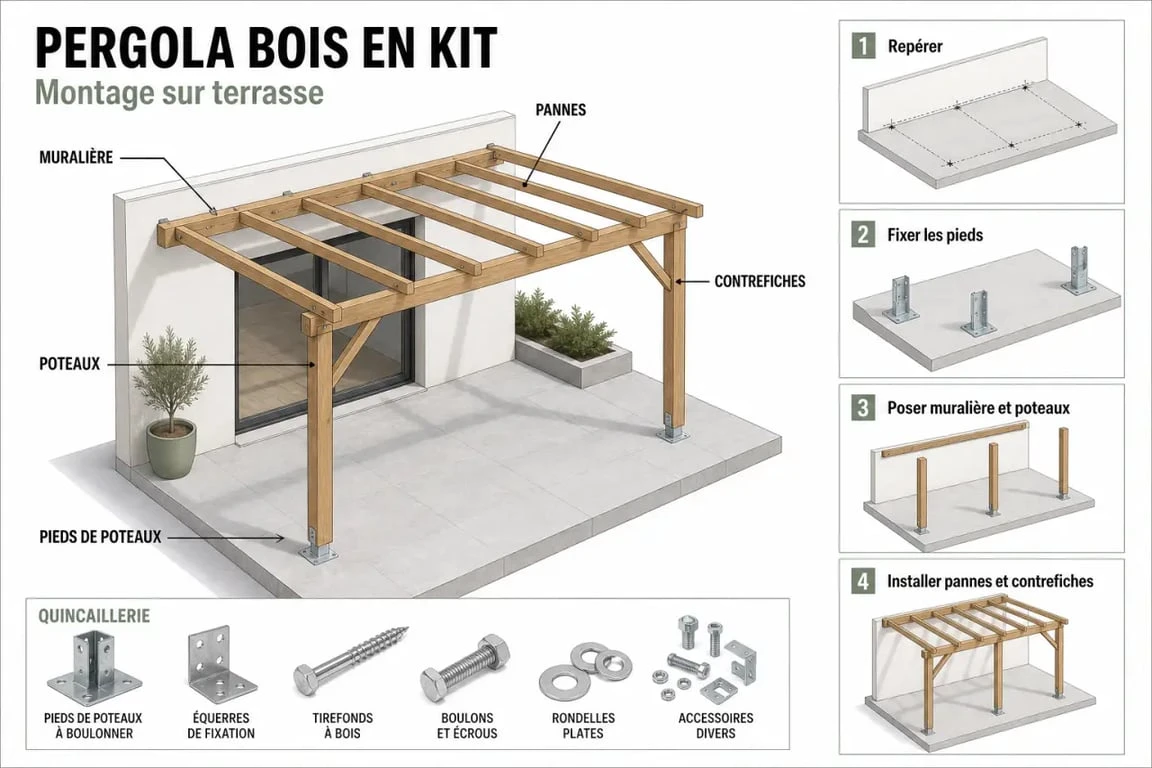 Pergola bois en kit en cours de montage avec ses principaux éléments et étapes de pose