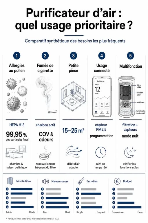 Comparatif du meilleur purificateur d air selon pollen, fumée et taille de pièce