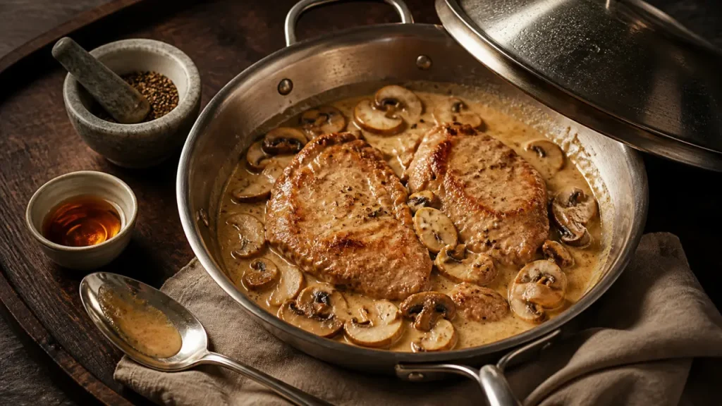 Escalope de veau flambée au cognac : sauce crème, champignons et cuisson express