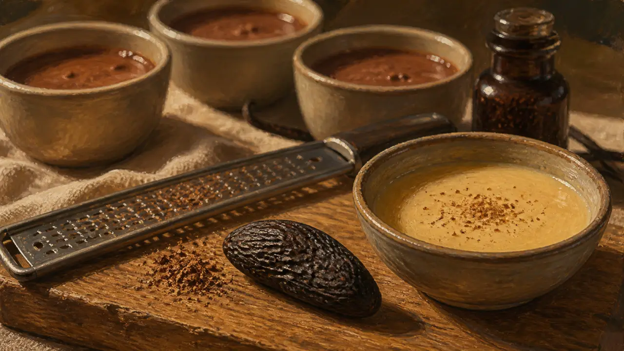 Feve de tonka gout : fève sur chêne, micro-râpe et crème anglaise ambrée