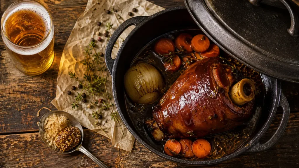 Jambonneau à la bière du nord en cocotte : viande fondante