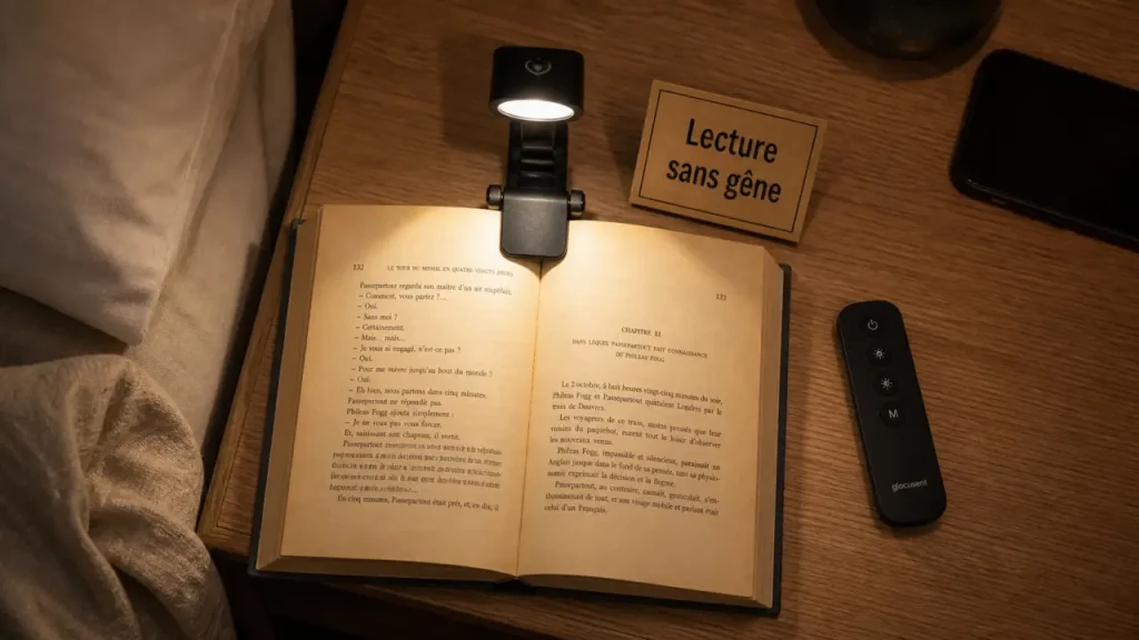 Lampe pour lire au lit, lumière douce LED rechargeable à pince, éclairage discret.
