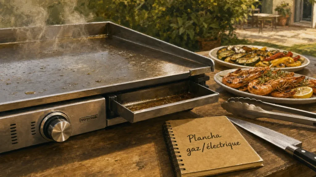 Plancha exterieur gaz ou électrique sur terrasse, inox grillé, jardin