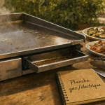 Plancha exterieur gaz ou électrique sur terrasse, inox grillé, jardin
