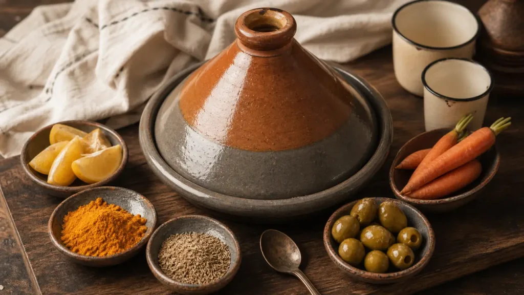 Plat tajine en terre cuite décoratif ou de cuisson sur planche en bois