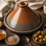 Plat tajine en terre cuite décoratif ou de cuisson sur planche en bois