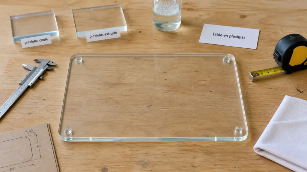 Plateau plexiglas table PMMA : micro-rayures, chants et entretien