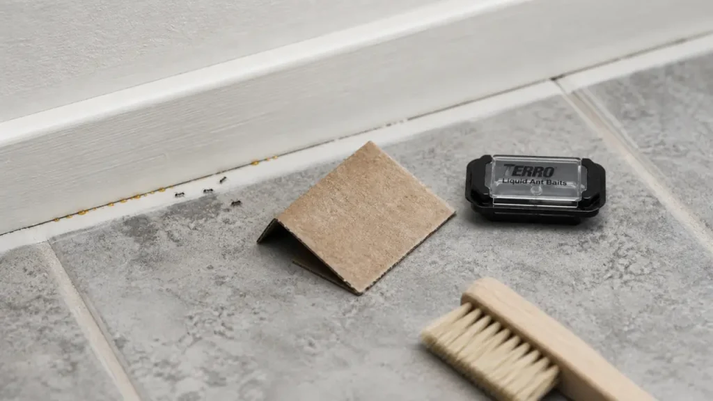 Produit pour tuer les fourmis : gel appât près de la plinthe, fourmis au bord