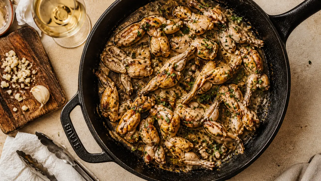 Recette cuisse de grenouille à la crème, cuisses dorées en poêle avec sauce liée