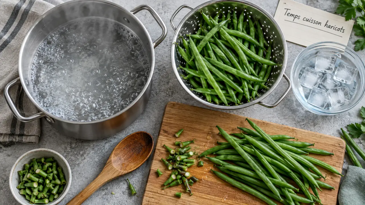 Cuisson haricot vert frais en eau bouillante, croquant 8 à 10 min