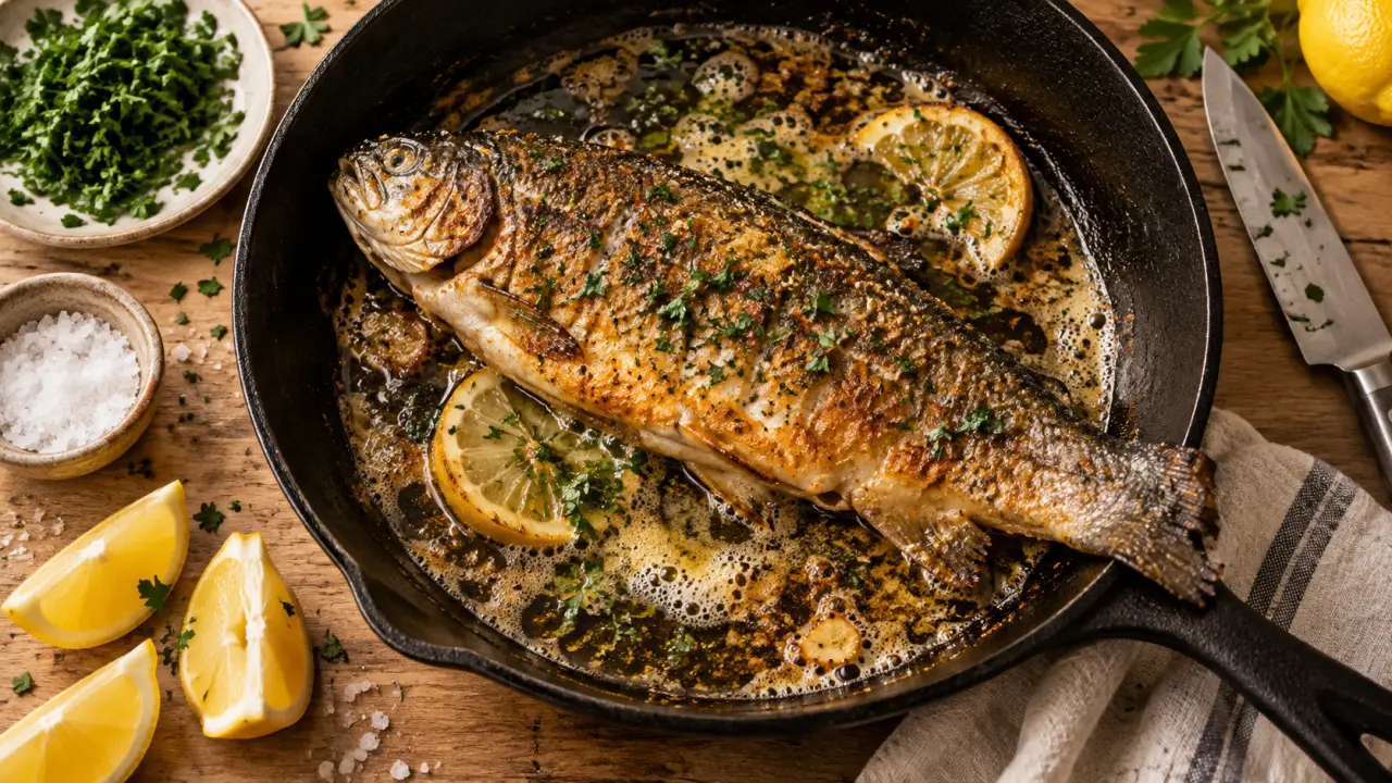 Cuisson truite poele : truite dorée, peau croustillante