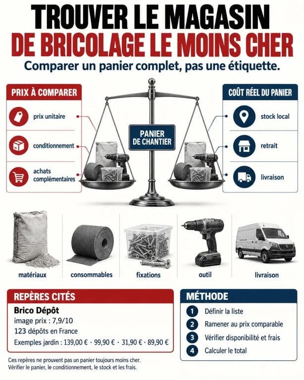 Infographie pour trouver le magasin de bricolage le moins cher en comparant le panier global
